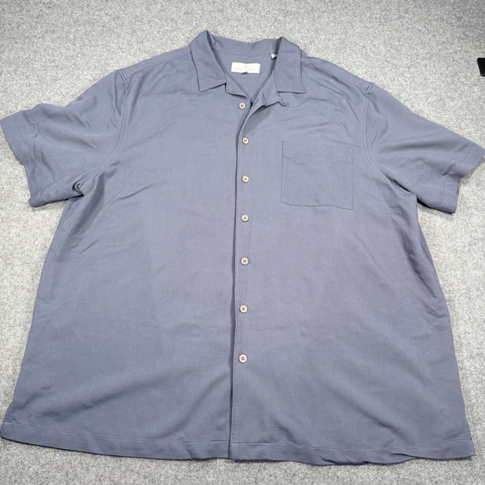 Oak Hill Mens 1XL Blue Gray Short Sleeve Button Down Camp Shirt Rayon Blend 3153
